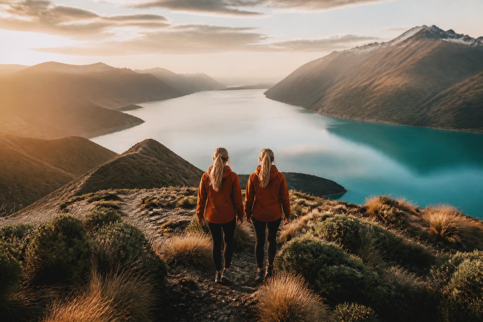 Deux voyageuses blondes en randonnée sur une crête dominant un lac de montagne